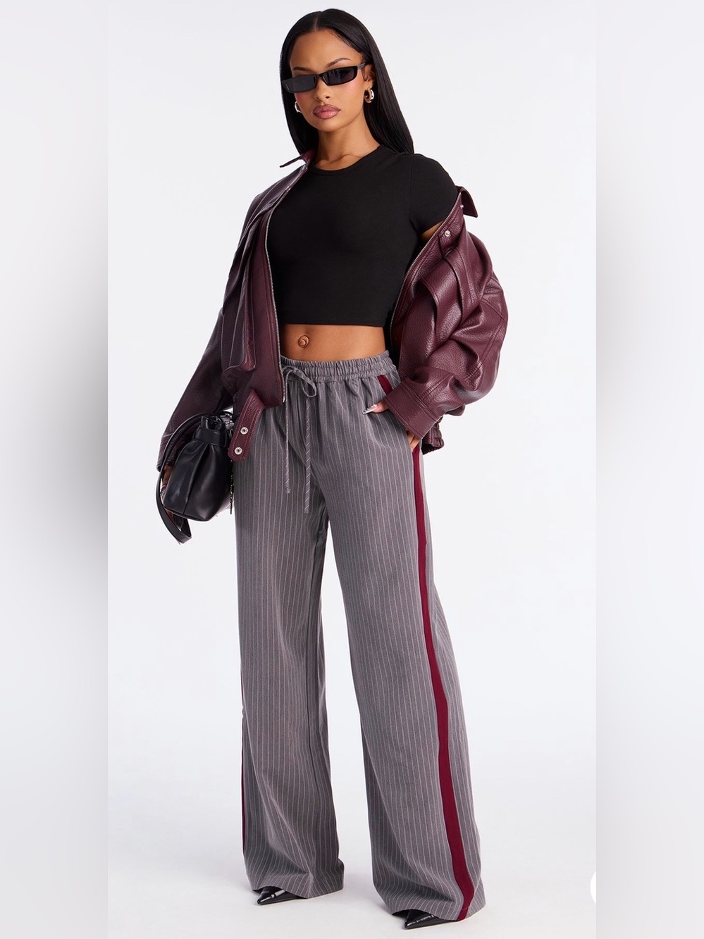 Fashion Nova Gray Pinstripe Wide-Leg Pants with Burgundy Side Stripe